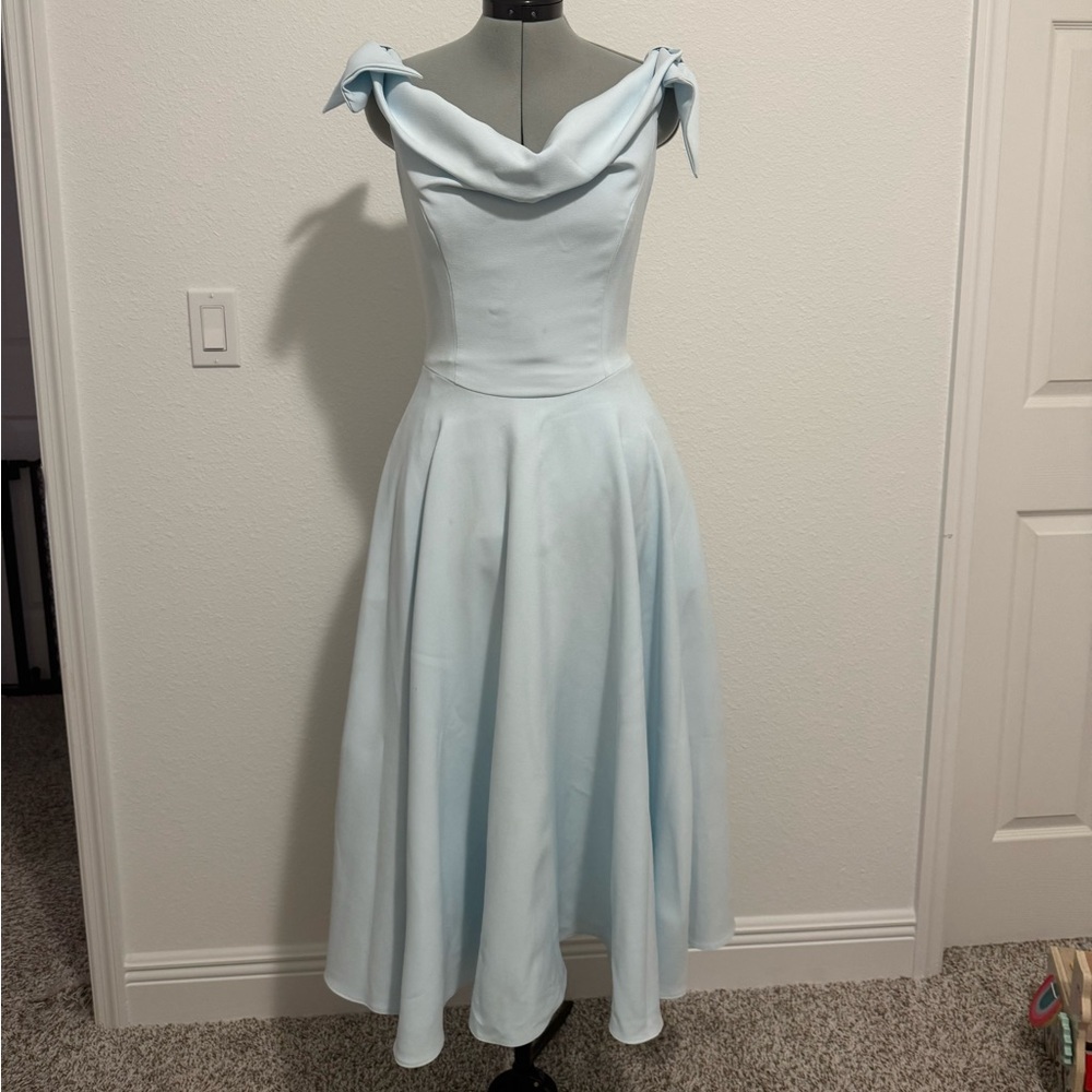 Pretty dress company Tilly off the shoulder bow midi dress